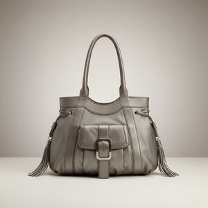 Cole Haan Metallic Taupe Leather Tassel Tote | Soft Pebbled Leather Shoulder Bag